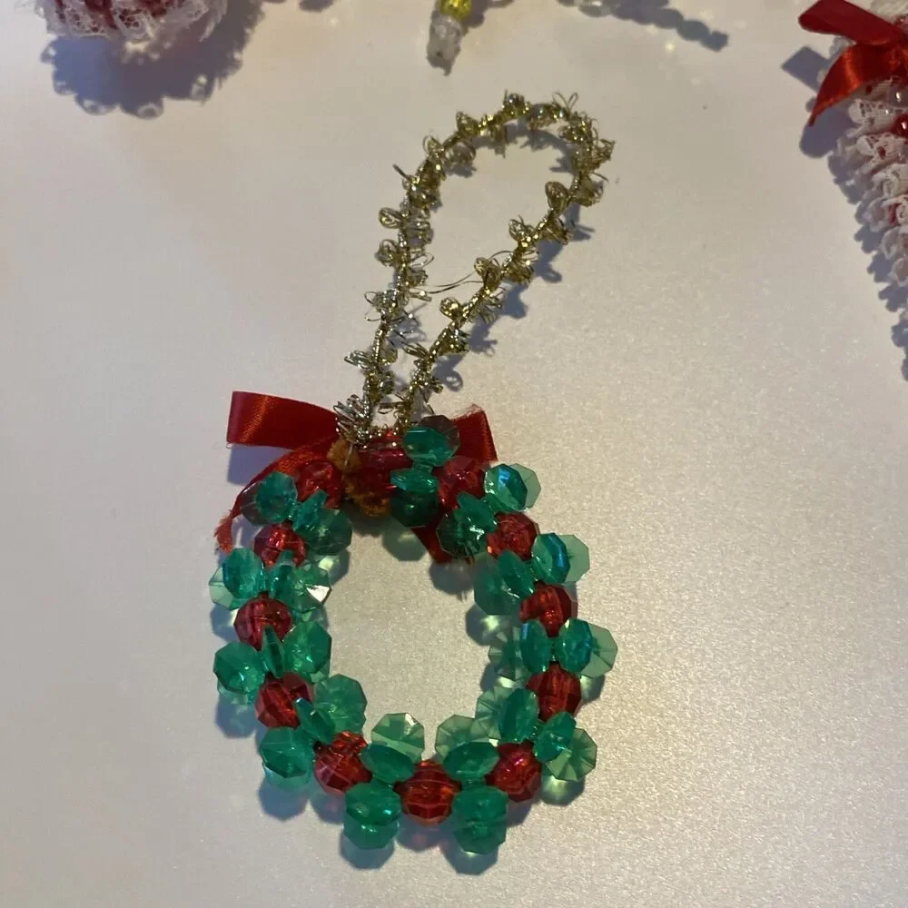 10 Vintage Handmade Plastic Beaded Wire Christmas Ornament Lot Angel Snowflake